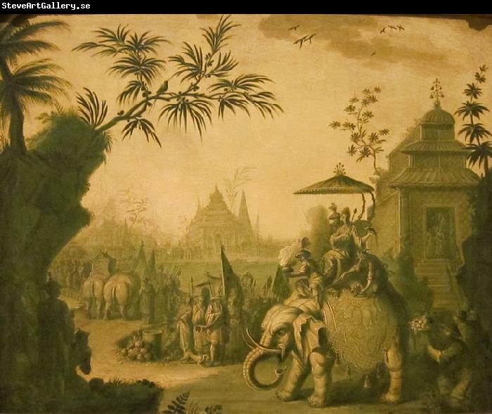 Jean-Baptiste Pillement A Chinoiserie Procession of Figures Riding on Elephants with Temples Beyond